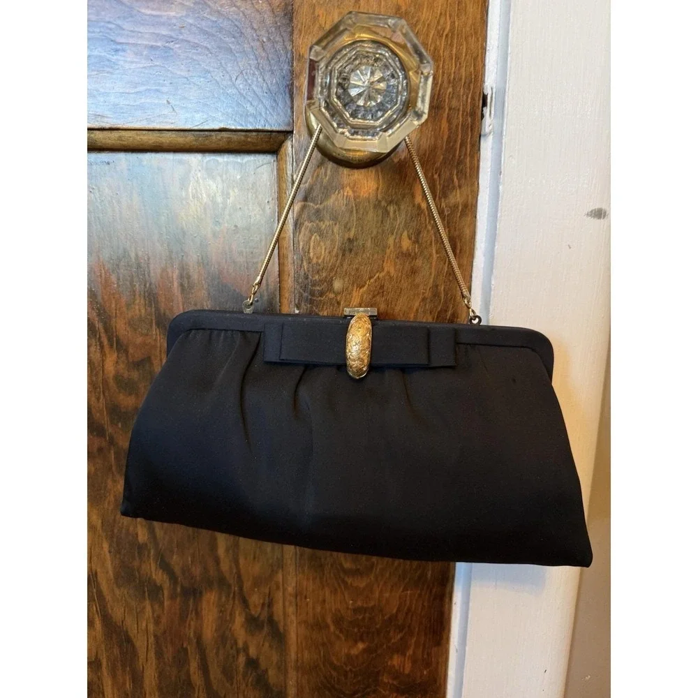 Andre' Vintage Black Handbag With Bow‎ &Golden Clasp And Chain EUC
